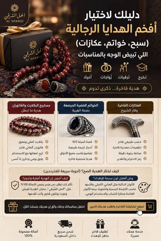 دليلك لاختيار أفخم الهدايا الرجالية (سبح، خواتم، عكازات) اللي تبيض الوجه بالمناسبات