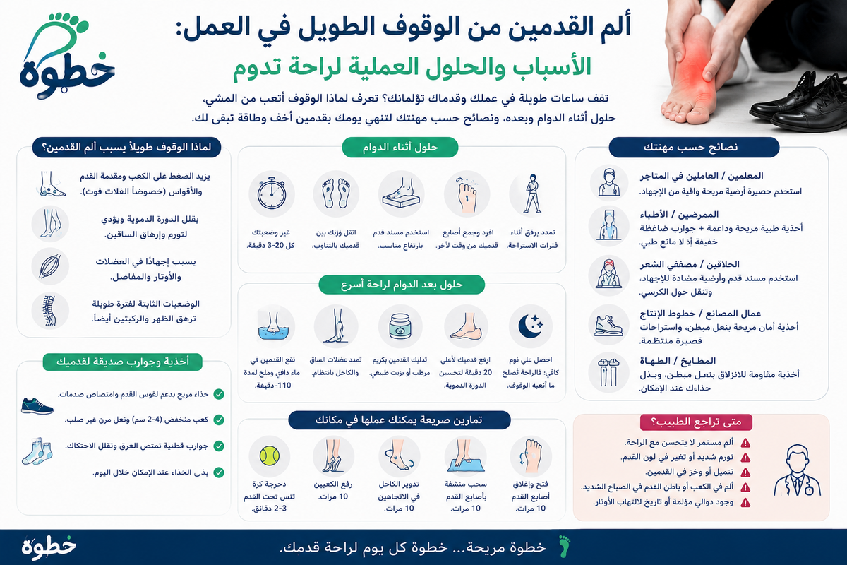 ألم القدمين من الوقوف الطويل في العمل: الأسباب والحلول العملية لراحة تدوم
