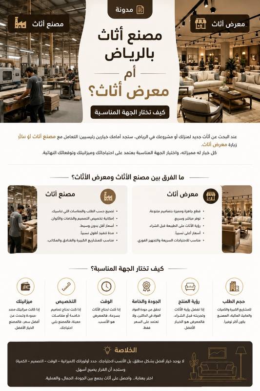 مصنع أثاث بالرياض أم معرض أثاث؟ كيف تختار الجهة المناسبة