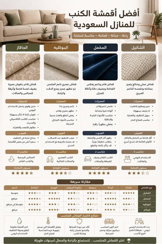 أفضل أقمشة الكنب للمنازل السعودية: الشانيل والمخمل والبوكليه والجاكار
