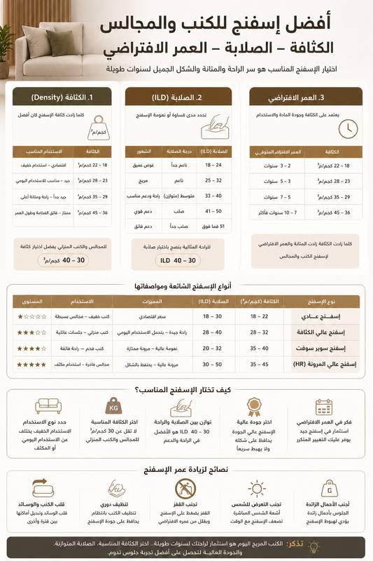 أفضل إسفنج للكنب والمجالس: الكثافة والصلابة والعمر الافتراضي