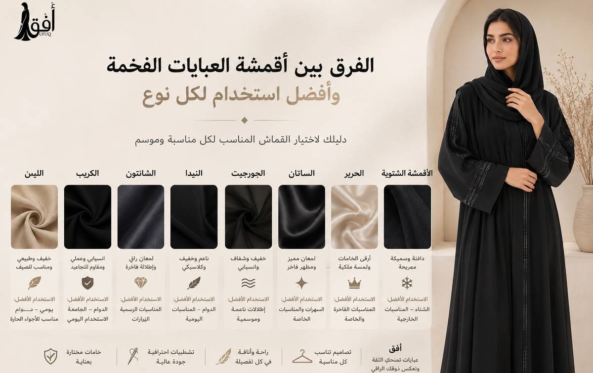 الفرق بين أقمشة العبايات الفخمة وأفضل استخدام لكل نوع