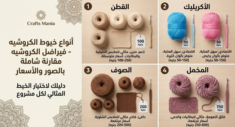 أنواع خيوط الكروشيه — مقارنة شاملة بالصور والأسعار