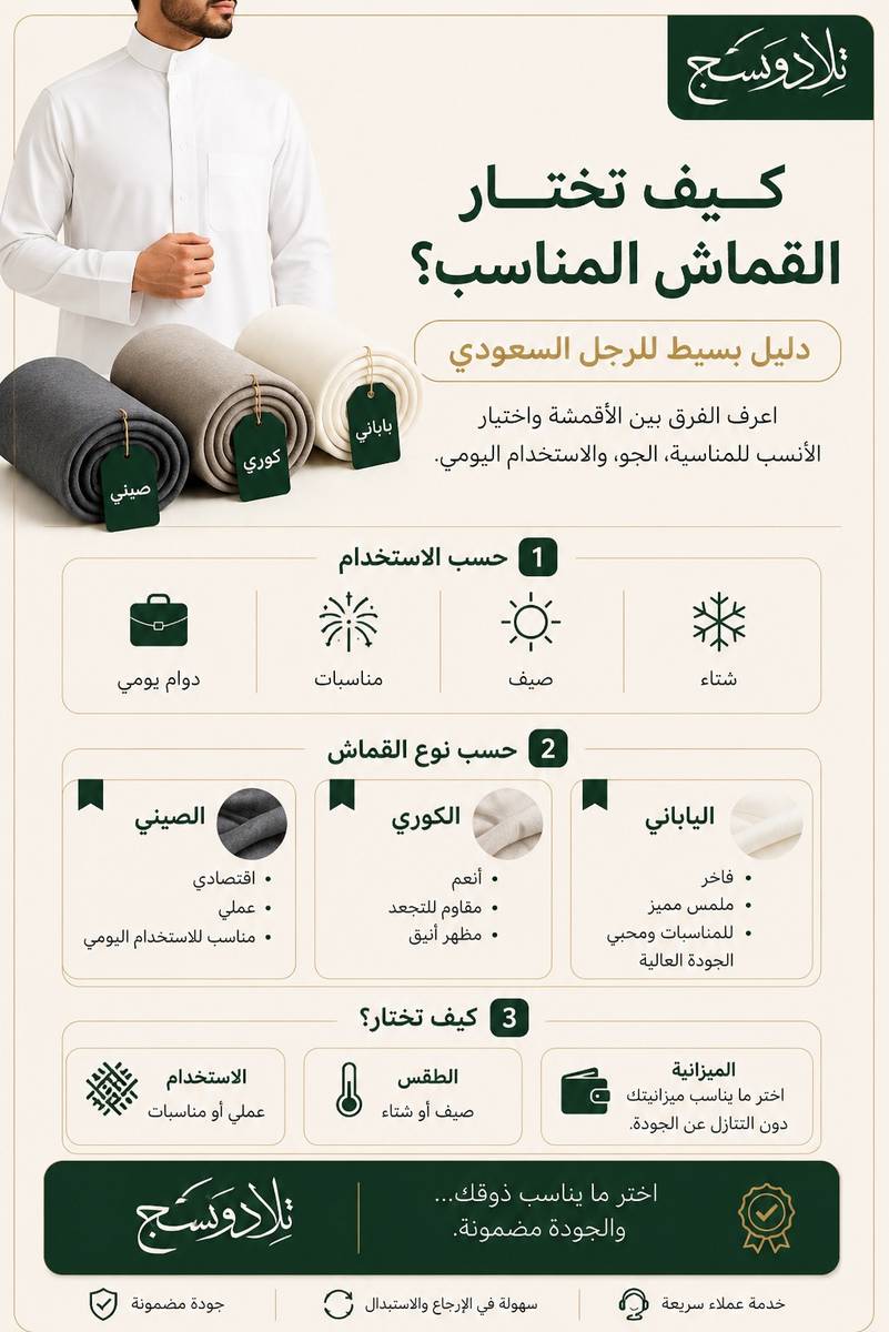كيف تختار القماش المناسب للثوب؟ دليل بسيط للرجل السعودي
