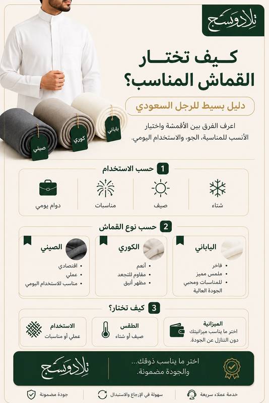 كيف تختار القماش المناسب للثوب؟ دليل بسيط للرجل السعودي