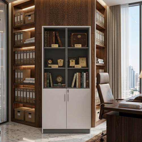 دولاب مكتبي 2 باب 80× 40 × 200 سم لون أبيض مع رمادي – دولاب ملفات بتصميم عصري للتنظيم المكتبي