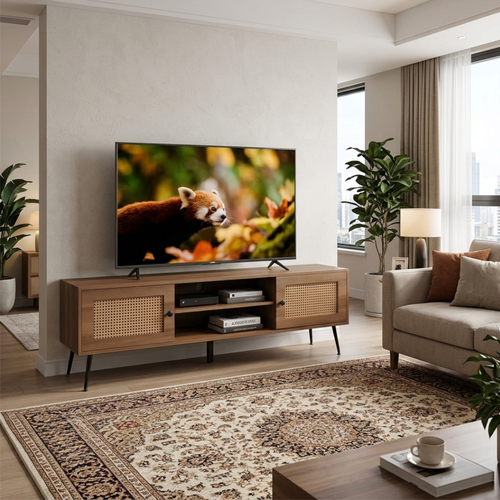 طاولة تلفاز خشب 180 سم لون بني بأبواب راتان بتصميم عصري