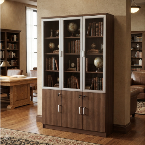 دولاب مكتبي 3 باب خشب بني 120 × 32 × 190 سم متعدد الرفوف بتصميم عصري