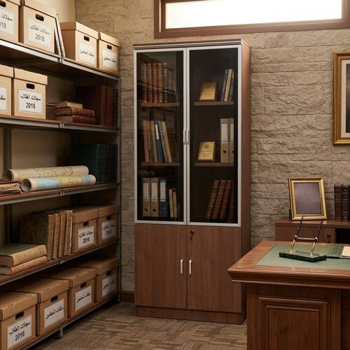 دولاب ملفات مكتبي بني فاتح 2 باب زجاج و2 باب خشب – 80 × 32 × 190 سم
