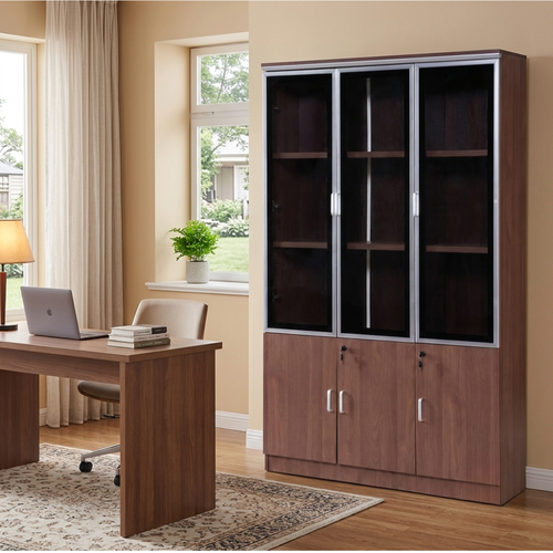 دولاب مكتبي خشب بني فاتح 3 باب – 120 × 32 × 190 سم متعدد الرفوف بتصميم عصري
