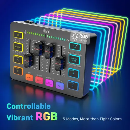 خلاط صوت للألعاب من FIFINE، خلاط RGB ذو 4 قنوات مع واجهة ميكروفون XLR، لصوت الألعاب، والبودكاست، وألعاب AmpliGame SC3