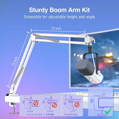 مجموعة ميكروفون الألعاب FIFINE USB/XLR مع مقبس سماعة الرأس/ذراع RGB/Boom، مجموعة ميكروفون ديناميكي للكمبيوتر الشخصي PS5/4 Mixer AmpliGame White-AM8TW