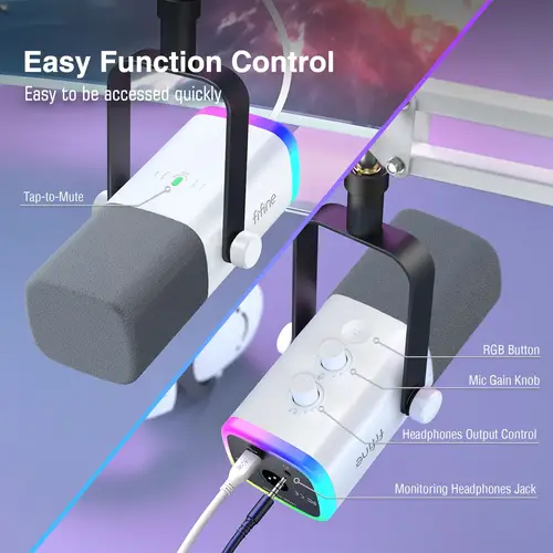مجموعة ميكروفون الألعاب FIFINE USB/XLR مع مقبس سماعة الرأس/ذراع RGB/Boom، مجموعة ميكروفون ديناميكي للكمبيوتر الشخصي PS5/4 Mixer AmpliGame White-AM8TW