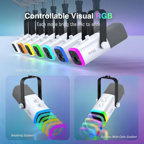 مجموعة ميكروفون الألعاب FIFINE USB/XLR مع مقبس سماعة الرأس/ذراع RGB/Boom، مجموعة ميكروفون ديناميكي للكمبيوتر الشخصي PS5/4 Mixer AmpliGame White-AM8TW