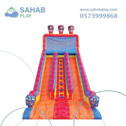 إيجار زحليقة هوائية مسارين بشخصية ميكي ماوس، الطول 9 متر العرض 4.50 متر الارتفاع 9 متر، مزودة بسلم وسط ومظلة حماية في الدمام 