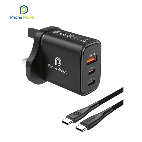 شاحن 3 منافذ USB-A + 2C بقدرة 45 واط، كابل مدمج Type-C إلى Type-C  