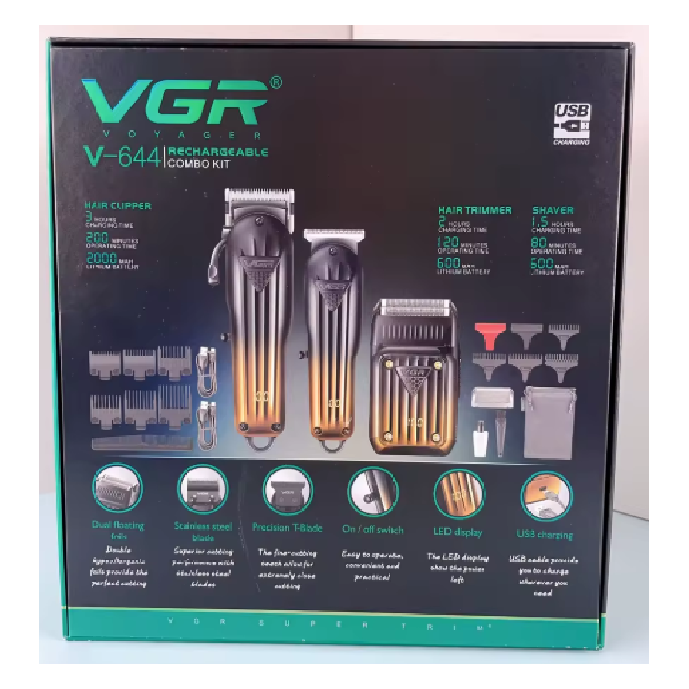ماكينة حلاقة وتشذيب شعر احترافية لاسلكية VGR V-644 مع شاشة LED وأمشاط متعددة