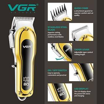 ماكينة حلاقة وتشذيب شعر VGR V-680 بشفرة T وشاشة LED وشحن USB (ذهبي)