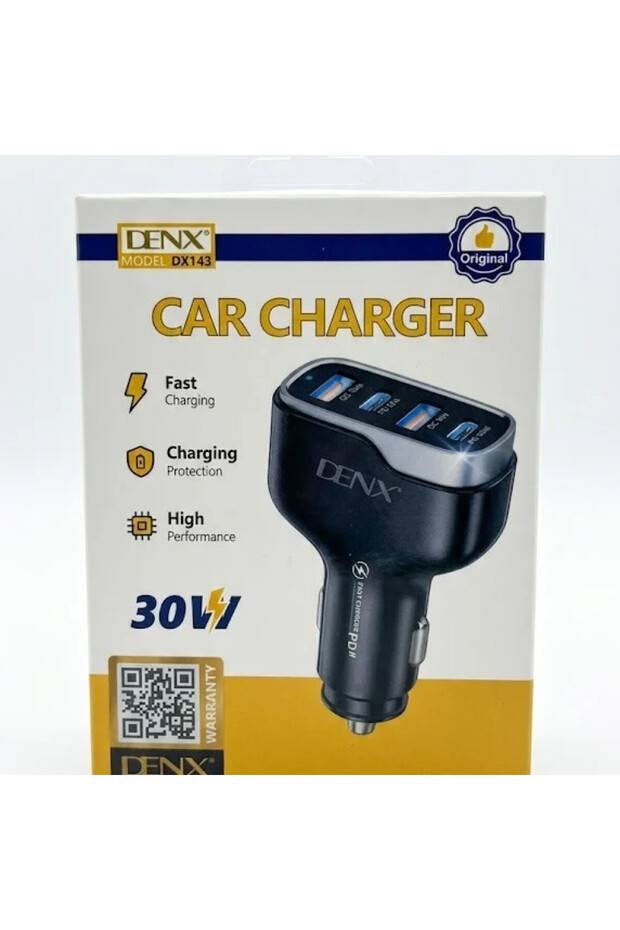 شاحن سيارة دينكس (DENX) بقوة 30 واط - 4 منافذ شحن سريع (PD + QC) موديل DX143
