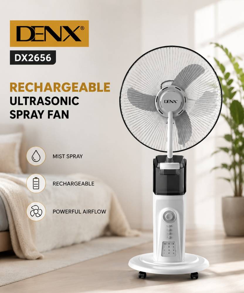 مروحة DENX DX2656 قابلة للشحن مع رذاذ مائي Ultrasonic Mist، ريموت كنترول، خزان مياه 2.1 لتر، تبريد قوي للاستخدام المنزلي والمكتبي.