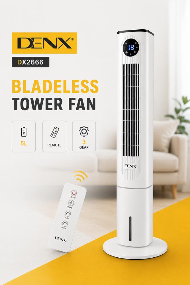 مروحة برجية بدون شفرات DENX DX2666 مع ريموت كنترول وخزان مياه 5 لتر و3 سرعات
