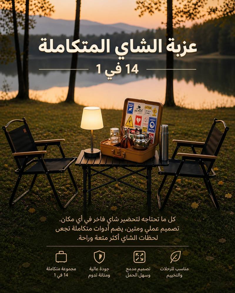 طقم تخييم مكون من5 قطع | طاولة تخييم محمولة مع 2كرسي، طاولة قابلة للطي مع حقيبة حمل مقاس 53x51x60 سم، مع صندوق عزبة شاهي ,مع لمبة أضاءة ليد 
