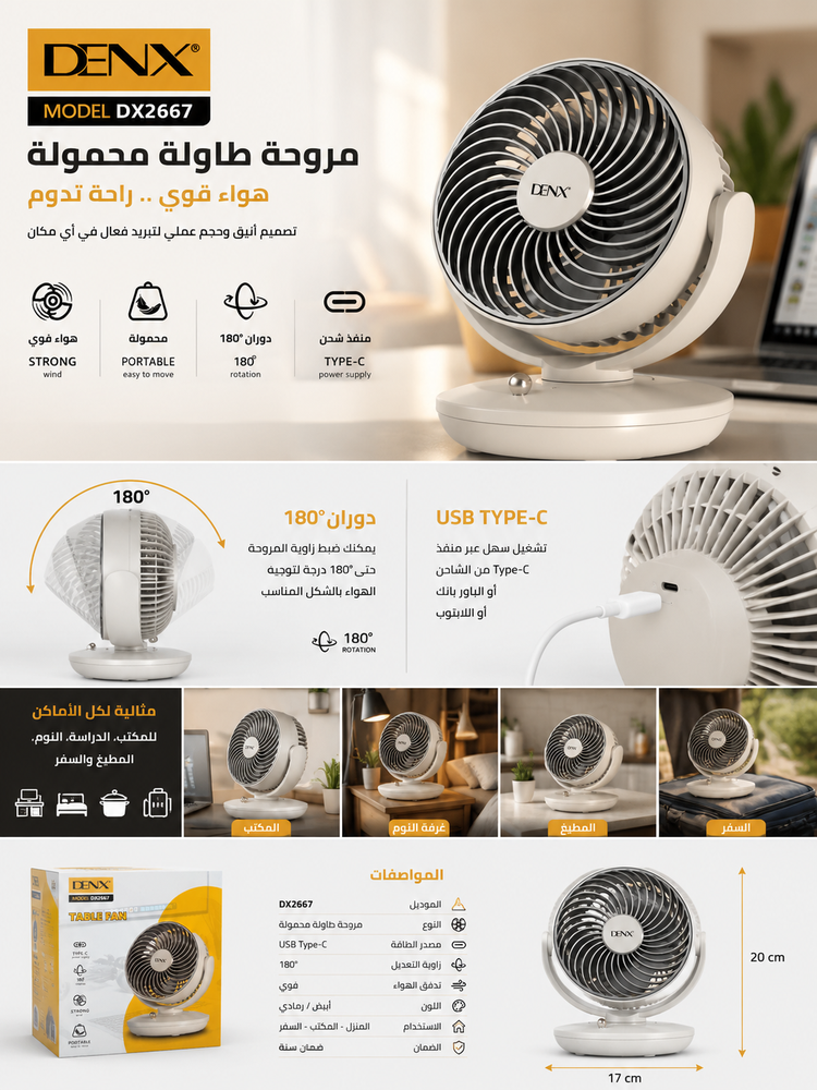 مروحة طاولة محمولة USB Type-C دوران 180° هواء قوي للمكتب والمنزل DX2667