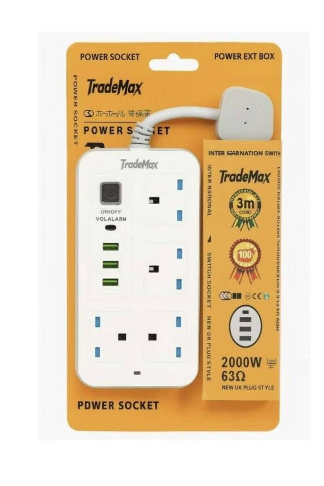 شريط تمديد كهربائي 8 في 1 – 2000 واط | 4 مقابس عالمية + 3 منافذ USB + منفذ PD Type-C للشحن السريع
