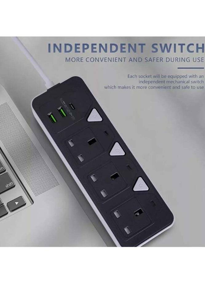شريط تمديد كهربائي 3 متر 2000 واط 3 منافذ مع 2 USB و 1 Type-C