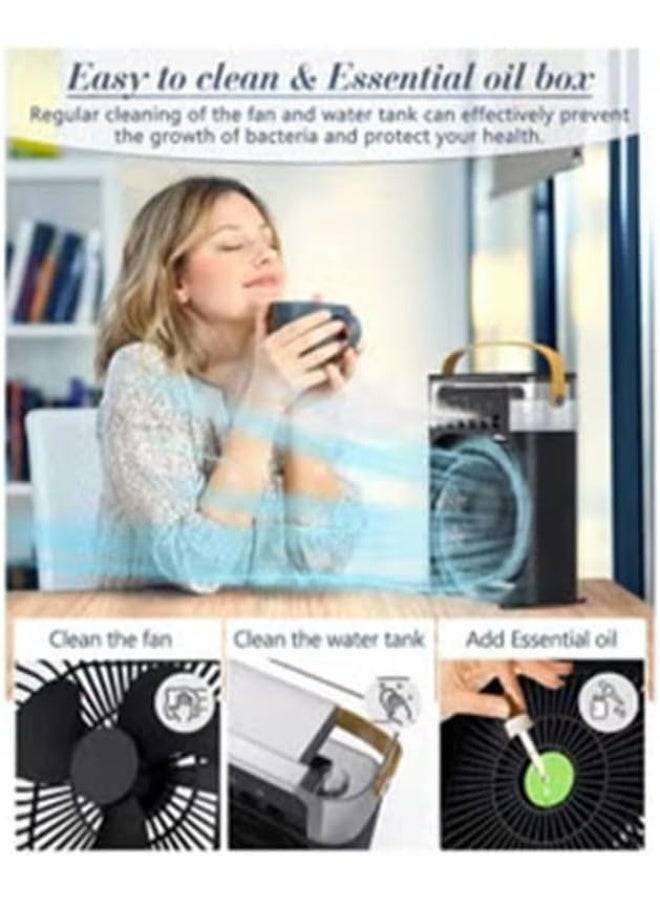 مروحة تبريد هواء USB متعددة الوظائف من DENX طراز DX2552، مبرد تبخير شخصي بخمس فتحات مع مرطب ومروحة رش رذاذ، إضاءة LED، 3 سرعات للرياح، 5 أوضاع للرش، تبريد هادئ ومحمول للمنزل والمكتب.