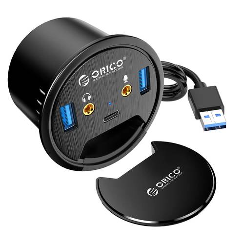 اوريكو موزع USB 3.0 بحلقة تثبيت للمكتب مع 2 منفذ نوع A 1 من النوع C، مقبس ميكروفون وصوت وسلك بطول 5 اقدام لقطر فتحة 60 ملم، منظم كيبل سطح المكتب، ملحقات الكمبيوتر المكتبية المنزلية
