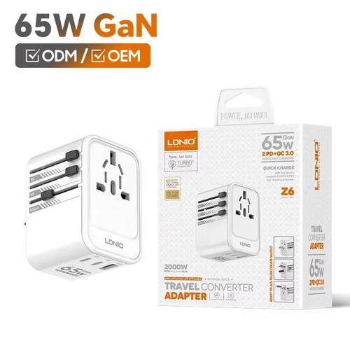 محول سفر عالمي LDNIO Z6 أنيق محمول مع أربعة منافذ USB وشاحن USB ذكي من النوع C ومقبس كهربائي
