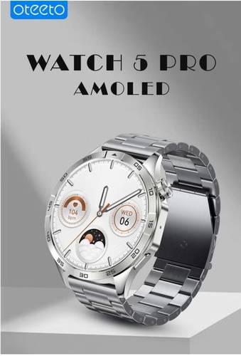 ساعة ذكية Oteeto Watch 5 Pro بشاشة AMOLED قياس 1.43 بوصة مع حزامين وشاحن لاسلكي للرجال باللون الأسود