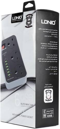 توصيلة كهربائية مقاومة للحريق ldnio 3604 محول طاقة كهرباء 6 منافذ (الطول 2 متر)