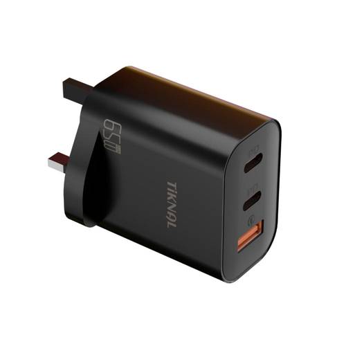 شاحن جداري TiKNAL GaN بقدرة 65 واط بمنفذي USB-A QC 3.0 g USB-C PD