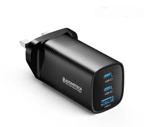 شاحن جداري بثلاث منافذ وبقوه 65 واط بتقنيه الجان ASOMETECH GaN USB Type C Charger 65W