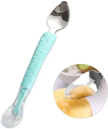 ملعقة للاطفال بطرفين (سيلكون) + طرف حاد لطحن المأكولات.