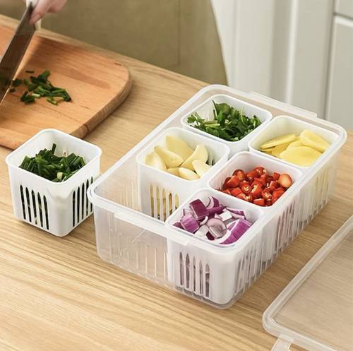 وعاء لتخزين الخضروات والفواكه في الثلاجة مقسمه الى ٦ اقسام مزوده بغطاء