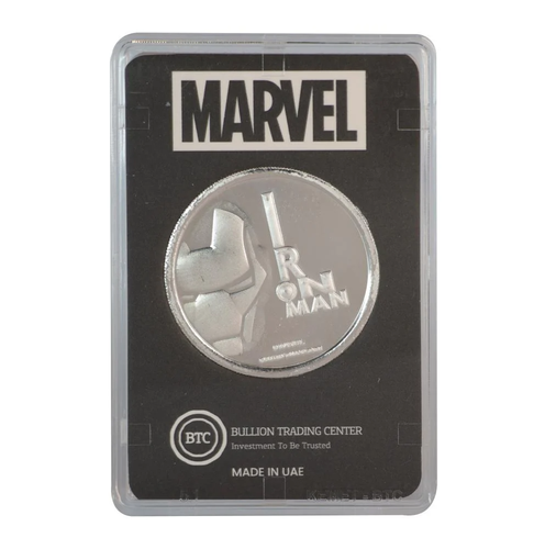 جنيه فضة آيرون مان عيار 999 بي تي سي بوزن 50 غرام