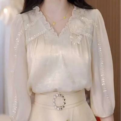بلوزة نسائية موضة جديدة لربيع وصيف على شكل حرف v ثلاثة أرباع بلوزة نسائية عالية الشارع غير رسمية مرقعة فطر شجرة صالحة للأكل بلوفرات تناسب الجميع