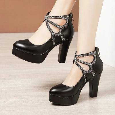 Small Size 32-43 Black Rhinestone Gladiator Shoes Thick Bottom Platform Pumps 2025 Block High Heels Shoes for Office Party Model