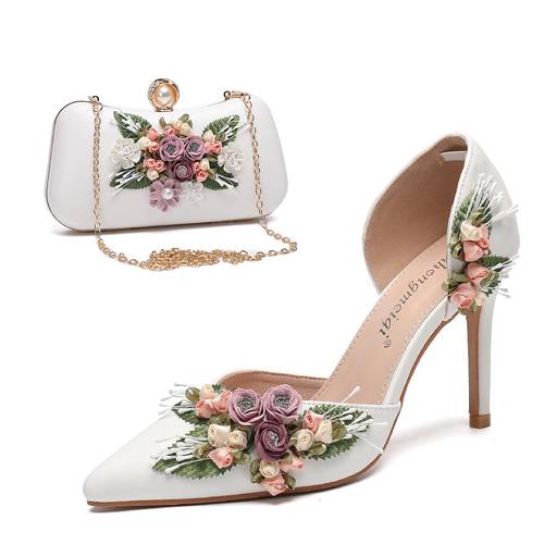 White Stiletto Shoes Bag and Shoe Set Woman Italy Wedding Sandals Luxury Sandals 2025 Bridal Wedding Shoes Woman Party Bags