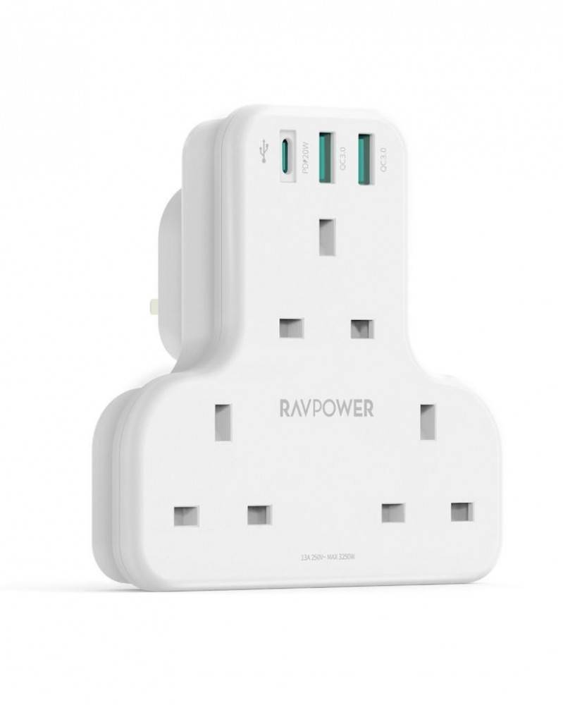 شاحن جداري من راف باور 20 واط 3 مداخل طاقية ثلاثية بمنفذين USBو USB-C