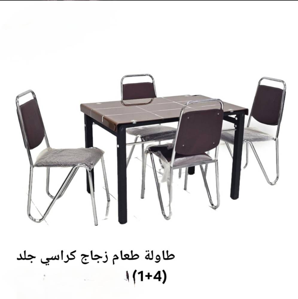 طاولة طعام زجاج كراسي جلد