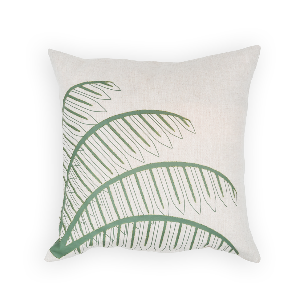 Oasis Linen Cushion - Printed and Embroided with Palm Motif 