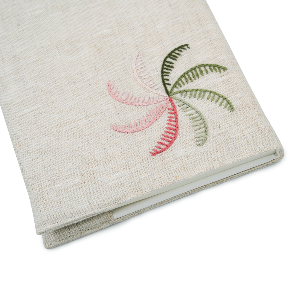 Oasis Linen Notebook Cover - Embroided with Palm Motif 