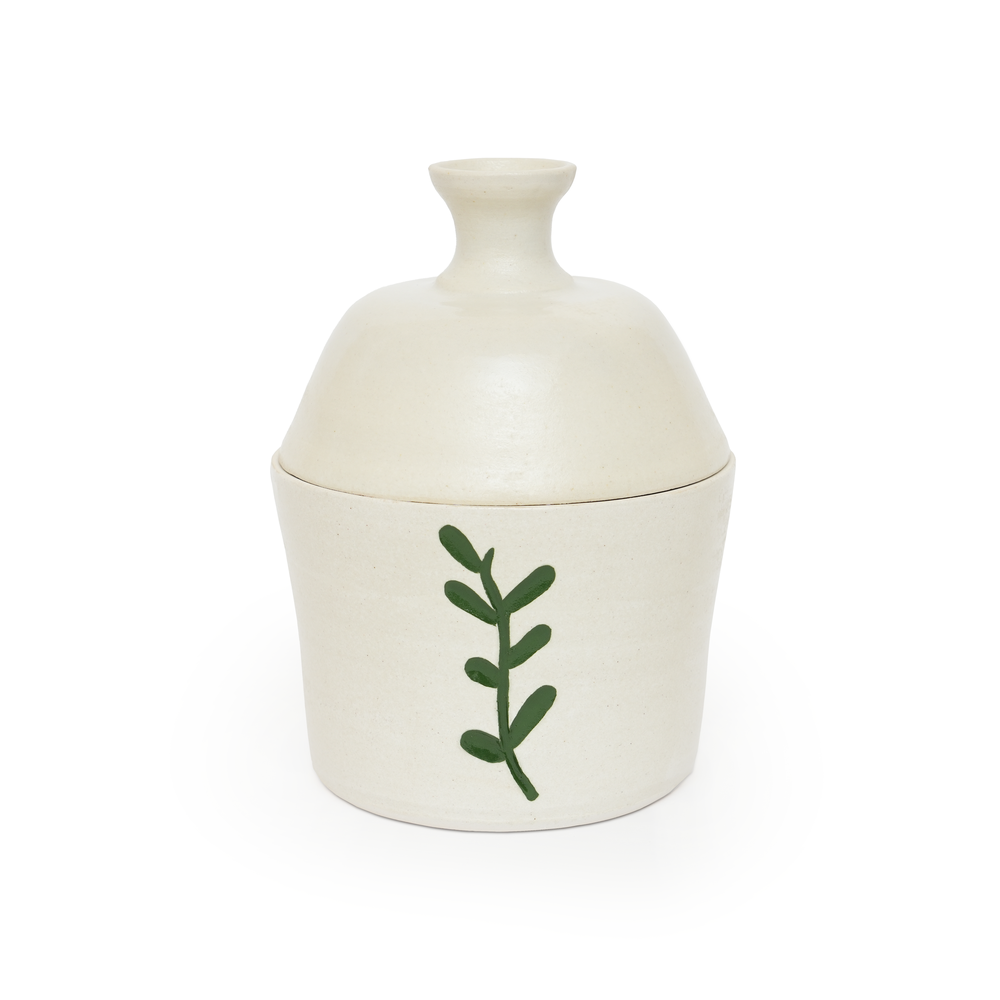 Peregrina Jar with Lid - Made of White Clay with Green Motif 
