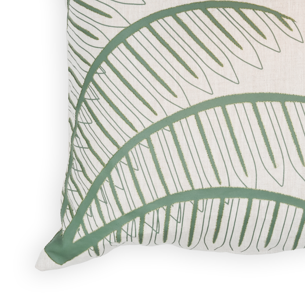 Oasis Linen Cushion - Printed and Embroided with Palm Motif 