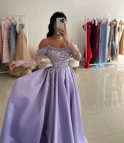 فستان سهره بخامه ميكادو تطريز صدر  - موف - 3XL