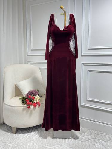 فستان مخمل بتطريز خصر تل - 3XL
